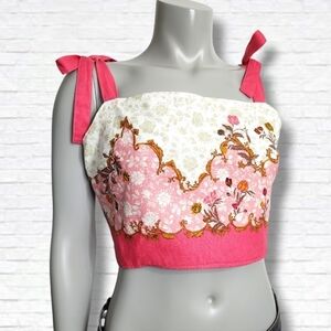 Rachel Zoe Pink Ornate Print Boatneck Tie Strap Crop Top Size L BNWT